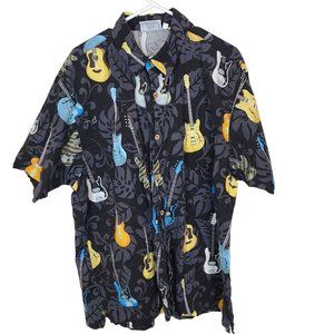 HWY 1 Mens XLT Black Guitar Print Short Sleeves Button Up Shirt Pocket Collared